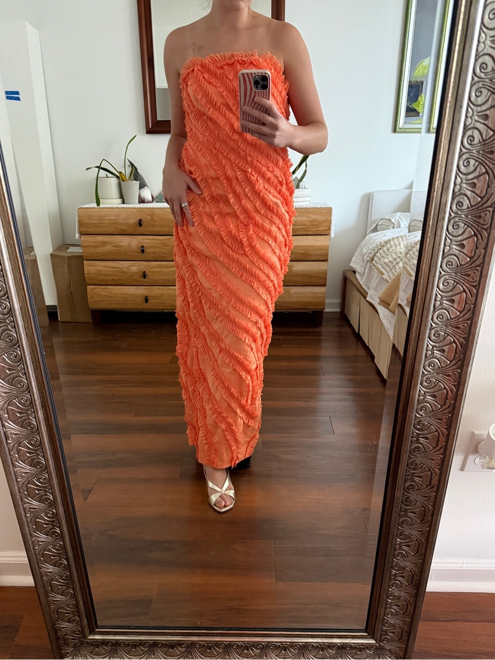 Aje Orange Strapless Ruffle Column Dress